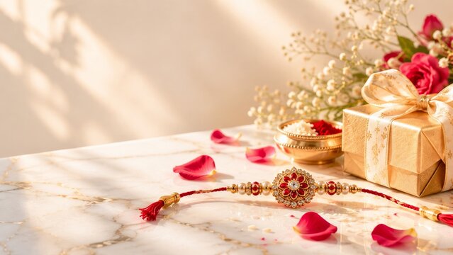 A festive Raksha Bandhan background featuring an elegant red and gold rakhi thread, a luxury gift box wrapped with a satin ribbon, rose petals, rice grains, and kumkum on a white marble table.