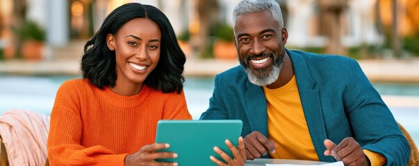 Obraz premium Smiling couple using tablet together at outdoor table for casual business planning and relaxed teamwork