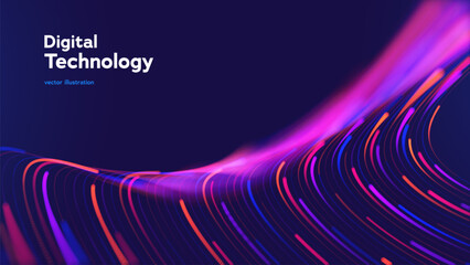 Fototapeta na wymiar Digital Technology Background With Glowing Neon Data Streams, Futuristic Information Flow And Abstract Network Visualization On Dark Purple Backdrop. Digital Technologies. Vector Illustration.