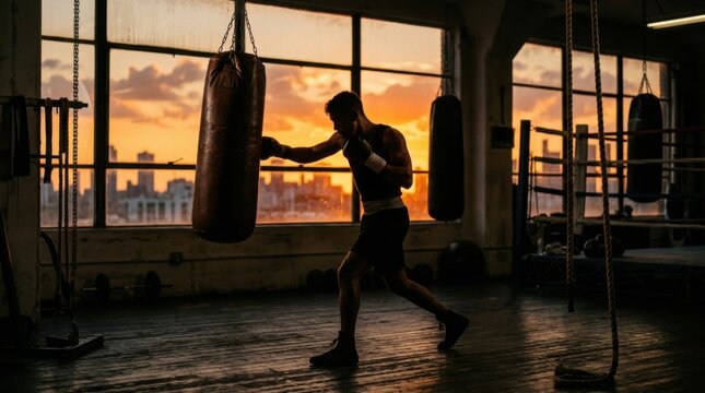 Silhouette of a boxer training in a gym at sunset.