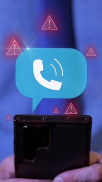 Vertical of a Smartphone displaying call warning alert with red danger triangles, mobile security scam concept 