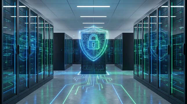 Cybersecurity Data Center with Digital Shield Protection. Secure Server Network Infrastructure and Cloud Security Technology