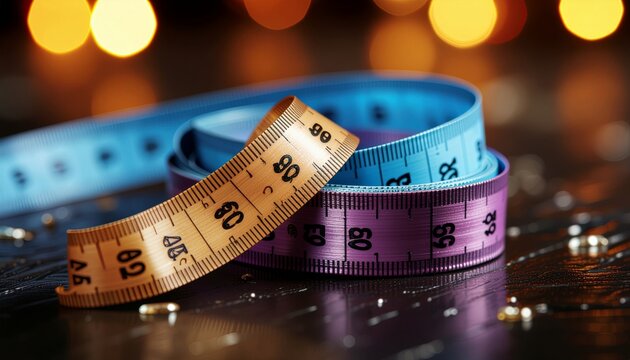 Colorful measuring tapes on a reflective surface with bokeh lights.
