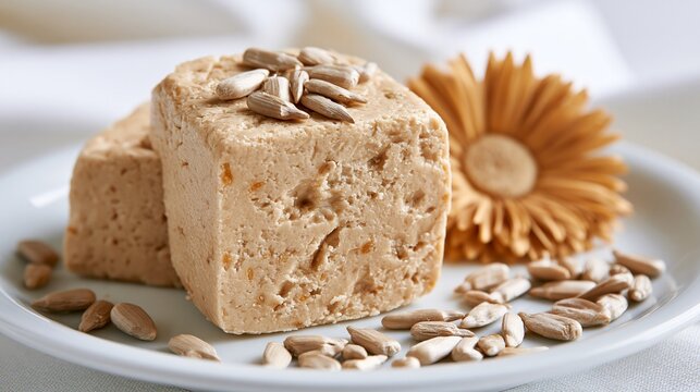 Sweet halva and sunflower seeds sit on a plate against a white backdrop.