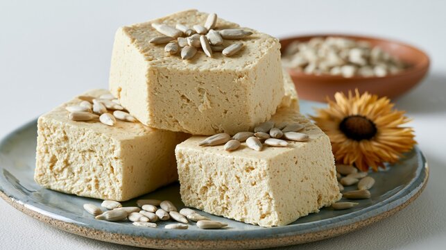 Sweet halva and sunflower seeds sit on a plate against a white backdrop.