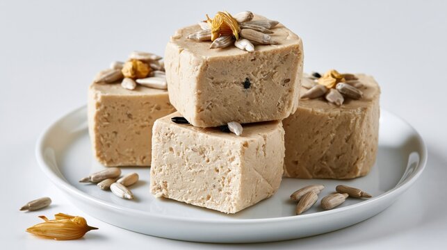 Sweet halva and sunflower seeds sit on a plate against a white backdrop.