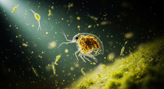 Magnified microscopic life: a water flea and phytoplankton ecosystem view