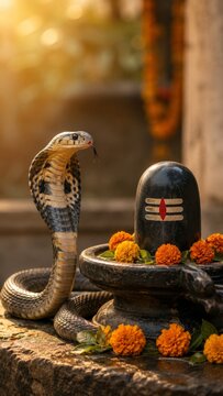 A decorative silver plate (thali) for the Hindu festival Nag Panchami, featuring an intricate silver snake idol, small bowls filled with milk and kumkum powder, and fresh yellow marigold flowers.
