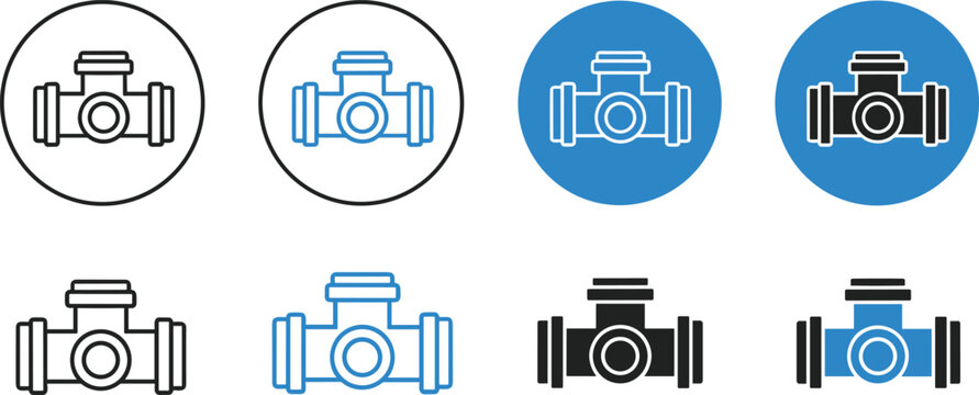 Pipe fitting symbols with different colors and background circles for plumbing and industry.