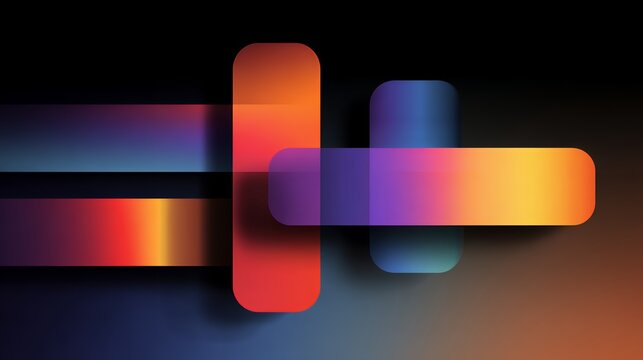 Abstract Overlapping Translucent Rounded Rectangles with Colorful Gradients and Glassmorphism Effect on Dark Background