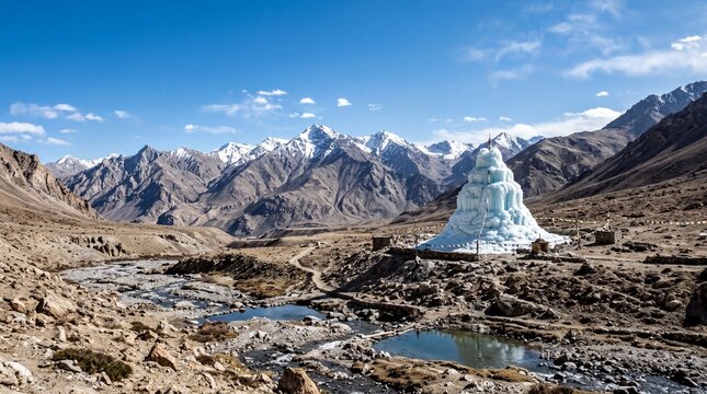 mountain landscape, a stunning ice stupa glistens under a vast open sky in ladakhs mountains