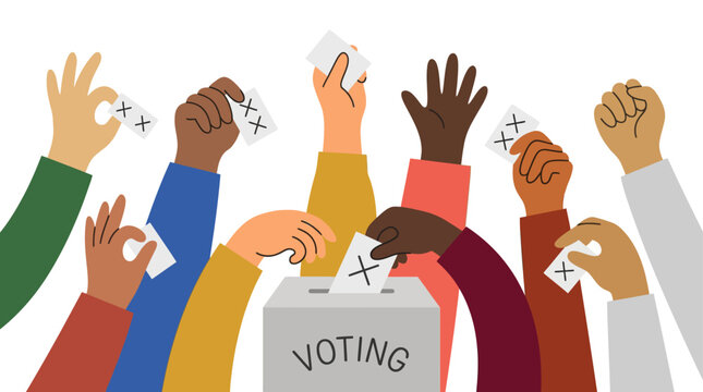 Diverse hands casting ballots into white voting box.