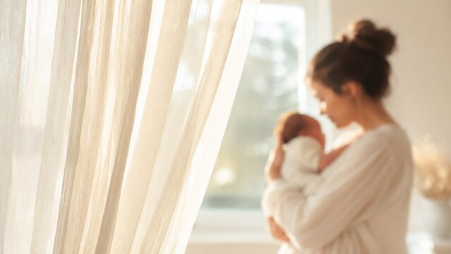 A tender, blurred silhouette of a mother cradling her newborn baby by a window with soft, golden sunlight filtering through a sheer white curtain, capturing an intimate moment of love and peace.