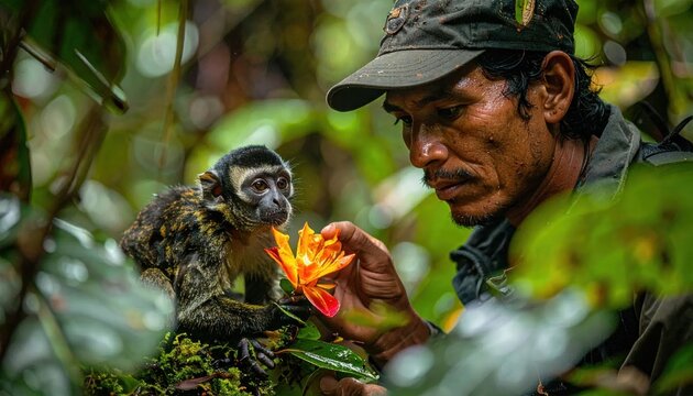 Man in jungle feeding a monkey a flower.