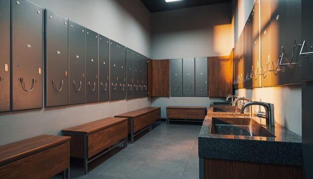Modern Locker Room with Wooden Benches and Metal Lockers.