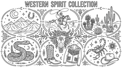 Obraz premium Western spirit collection with cowboy and symbols.