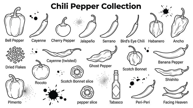 Collection of hand drawn chili peppers and flakes.