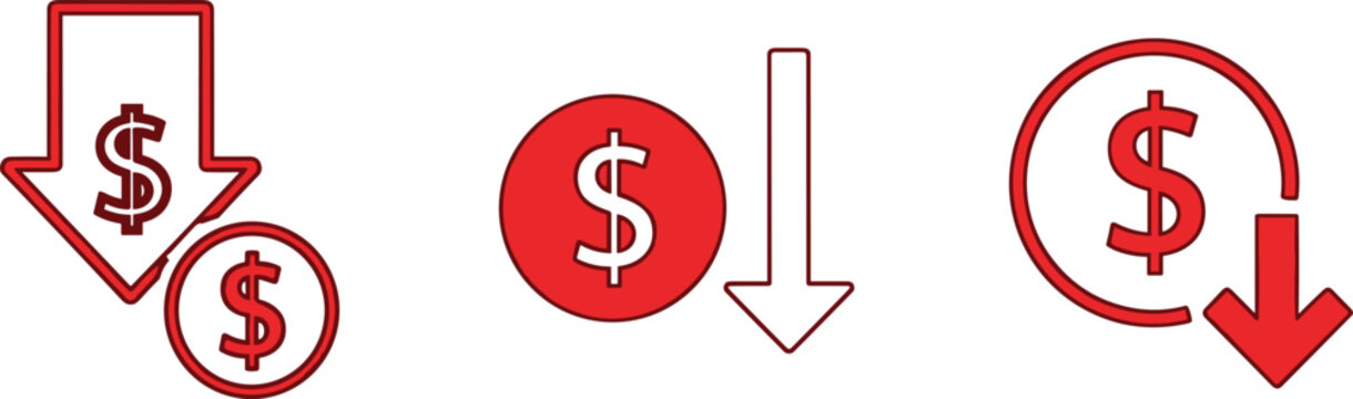 Red dollar price drop icons with downward arrows showing financial decline and economic reduction symbols.