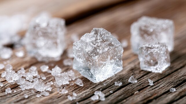 Close-up of Ice Cubes on Wooden Surface with Salt Crystals in Natural Light