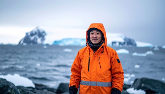Explorer in Orange Jacket Standing in Icy Antarctic Landscape.