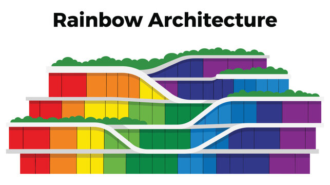 Rainbow architecture illustration with colorful building design.