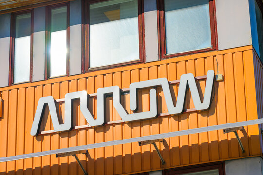 Gothenburg, Sweden - May 06 2026: Large Arrow building sign on sunlit commercial facade.