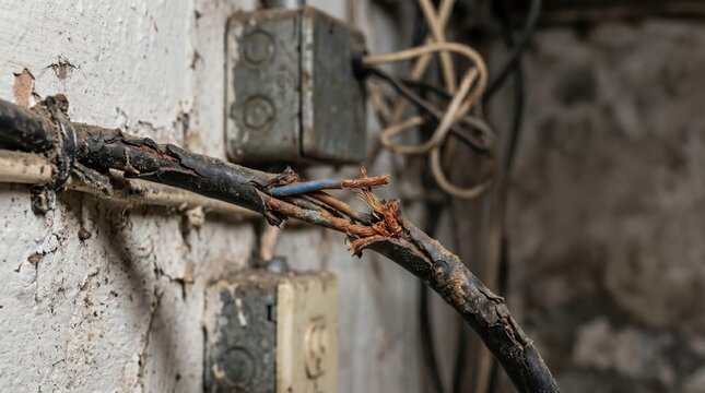 Damaged and frayed electrical wire with exposed copper on old wall short circuit danger.