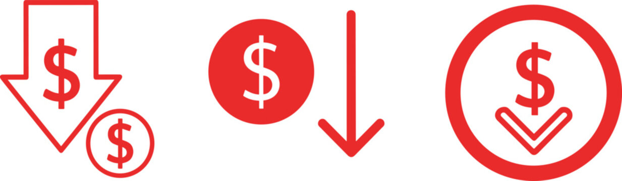 Red finance icons showing dollar currency symbols with downward arrows for economic inflation price drop.