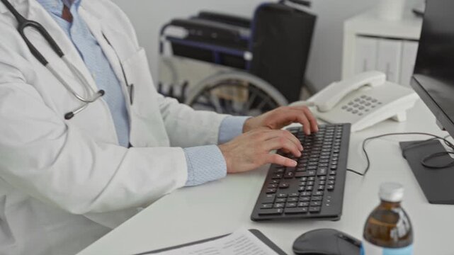Man doctor in clinic rubs neck with hand while wearing stethoscope at computer desk and keyboard visible; fatigue.