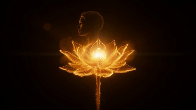 Glowing golden lotus bloom animation with fire meditation symbol on dark background loopable 3 d rendering for spiritual and wellness projects