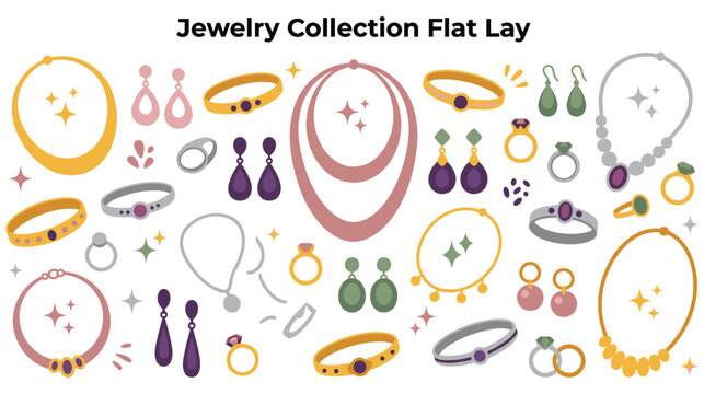 Jewelry collection flat lay with various elegant accessories.