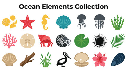 Ocean elements collection with marine life and plants. © GW