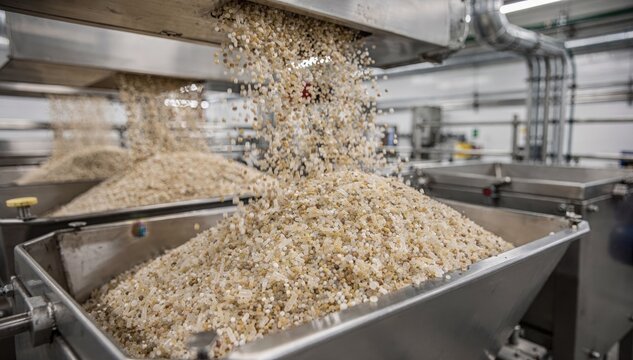 Naturaltoned polymer granules streaming into feeding hoppers showcasing raw uncolored materials preparing for melting in sustainable production lines.