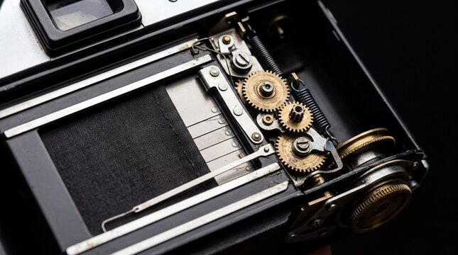 mechanism close-up, close-up of a metallic camera shutter mechanism against a black backdrop
