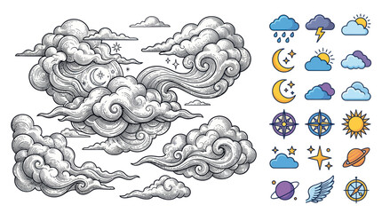Fototapeta premium Weather icons and cloud illustrations set.