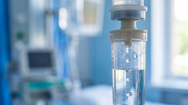 Close up of IV drip bag with clear liquid and bubbles