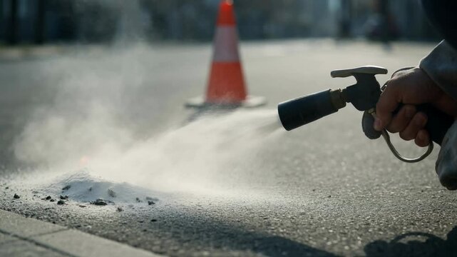 Firefighter extinguishing road fire using fire extinguisher near traffic cone road safety equipment emergency response