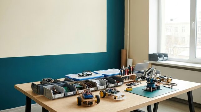 Makerspace workbench with educational robotics kits tools and components for stem classroom project workspace and technology learning background