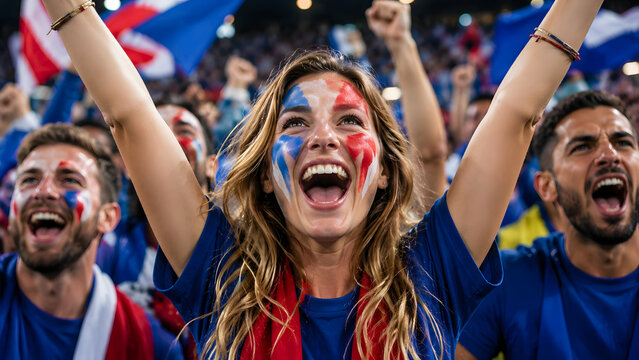 French sports fans cheer with painted faces at stadium