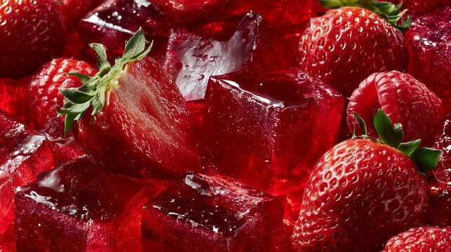 Close-up of Fresh Strawberries with Ice Cubes on a Dark Surface