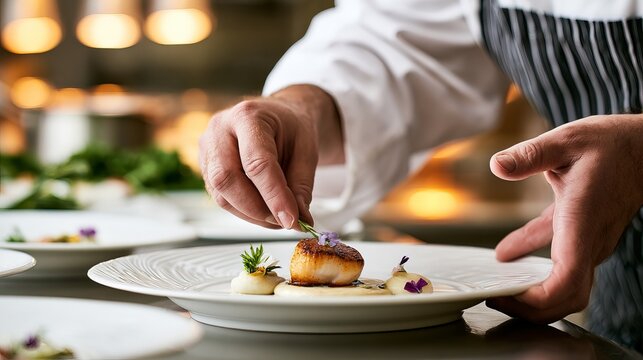 Close-up of a chef's hand plating gourmet dish in a professional kitchen setting