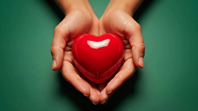 Hands holding red heart symbolizing love, care, and health on green background