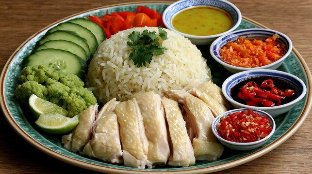 Colorful Indian Thali Meal with Rice, Chicken, and Vegetables on a Plate