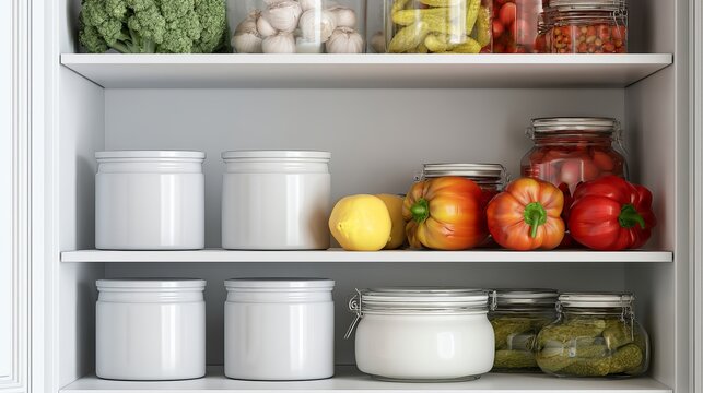 Close-up of Refrigerator Shelf with Fresh Vegetables and Jars of Preserves