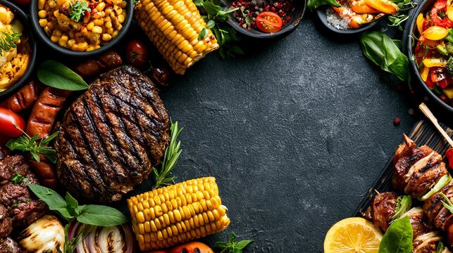 Assorted grilled meats and vegetables on a dark slate surface with fresh herbs and corn