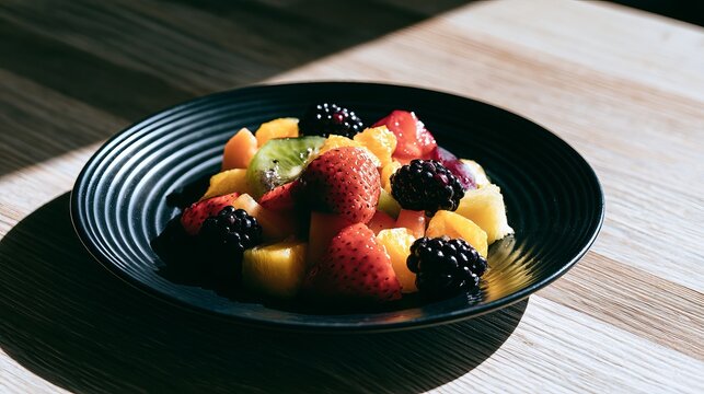 Close-up of Fresh Mixed Berry Fruit Salad in a Black Bowl on Wooden Surface
