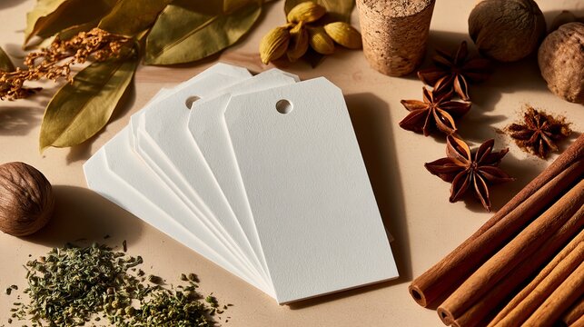 Close-up of blank white tags with spices and herbs on rustic background