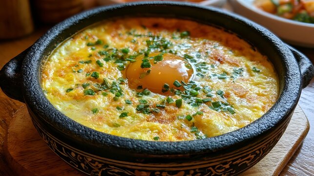Baked egg in a cast iron skillet with herbs
