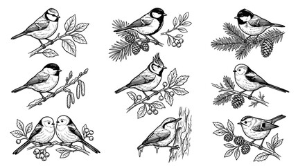 Obraz premium Birds on branches with leaves.