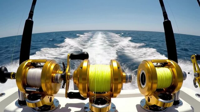Deep sea fishing adventure: trolling rods and reels on a moving boat at sea ocean